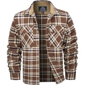 imageMAGCOMSEN Mens Flannel Shirts Long Sleeve Plaid Shirt Button Up Casual Shirts Lightweight Shirt Jacket with 2 PocketsBrown