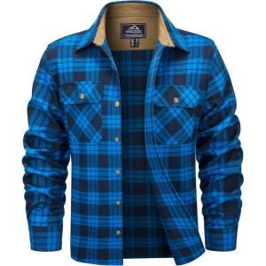 imageMAGCOMSEN Mens Flannel Shirts Long Sleeve Plaid Shirt Button Up Casual Shirts Lightweight Shirt Jacket with 2 PocketsColor Blue