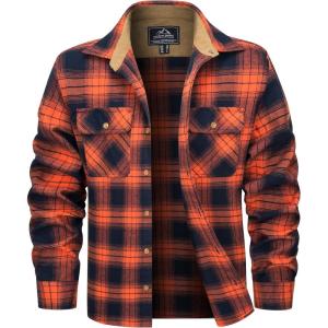 imageMAGCOMSEN Mens Flannel Shirts Long Sleeve Plaid Shirt Button Up Casual Shirts Lightweight Shirt Jacket with 2 PocketsOrange