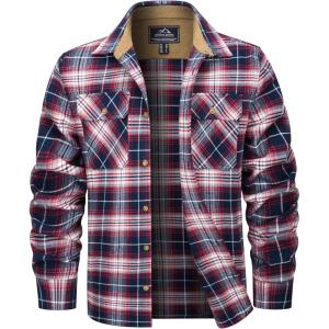 imageMAGCOMSEN Mens Flannel Shirts Long Sleeve Plaid Shirt Button Up Casual Shirts Lightweight Shirt Jacket with 2 PocketsRed White