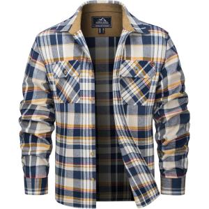 imageMAGCOMSEN Mens Flannel Shirts Long Sleeve Plaid Shirt Button Up Casual Shirts Lightweight Shirt Jacket with 2 PocketsYellow