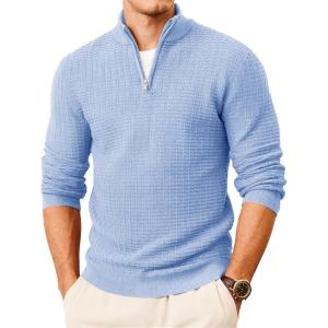 imageMAGCOMSEN Mens Sweaters 14 Zip Knit Waffle Textured Pullover for Fall Winter Warm Soft SweaterBlue