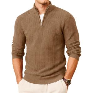 imageMAGCOMSEN Mens Sweaters 14 Zip Knit Waffle Textured Pullover for Fall Winter Warm Soft SweaterCoffee