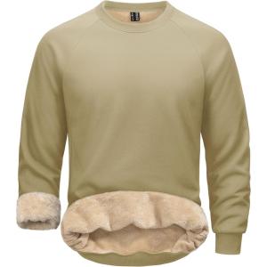 imageMAGCOMSEN Mens Sweatshirts Sherpa Lined Heavyweight Fleece Pullover Warm Crewneck Winter SweatshirtKhaki