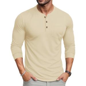 imageMAGCOMSEN Mens Henley Long Sleeve Shirt Cotton Lightweight Tee Shirts Casual Basic Tees with PocketLight Apricot