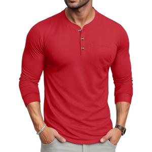 imageMAGCOMSEN Mens Henley Long Sleeve Shirt Cotton Lightweight Tee Shirts Casual Basic Tees with PocketTomato Red