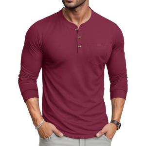 imageMAGCOMSEN Mens Henley Long Sleeve Shirt Cotton Lightweight Tee Shirts Casual Basic Tees with PocketWine Red