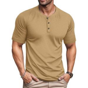 imageMAGCOMSEN Mens Henley Short Sleeve Shirt Cotton Lightweight 3 Button Tops Vintage Casual Summer Shirt Soft FashionEarthy Yellowcotton Blend