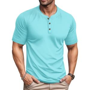 imageMAGCOMSEN Mens Henley Short Sleeve Shirt Cotton Lightweight 3 Button Tops Vintage Casual Summer Shirt Soft FashionLake Bluecotton