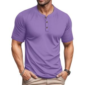 imageMAGCOMSEN Mens Henley Short Sleeve Shirt Cotton Lightweight 3 Button Tops Vintage Casual Summer Shirt Soft FashionLight Purplecotton