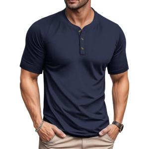 imageMAGCOMSEN Mens Henley Short Sleeve Shirt Cotton Lightweight 3 Button Tops Vintage Casual Summer Shirt Soft FashionNavycotton