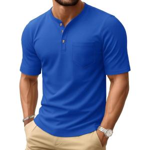 imageMAGCOMSEN Mens Henley Short Sleeve Shirt Cotton Lightweight Tee Shirts Casual Summer Basic Tees with PocketBright Blue