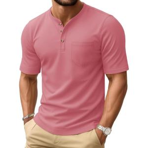 imageMAGCOMSEN Mens Henley Short Sleeve Shirt Cotton Lightweight Tee Shirts Casual Summer Basic Tees with PocketGrey Pink