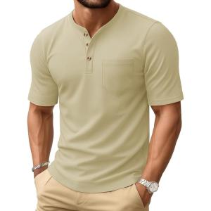 imageMAGCOMSEN Mens Henley Short Sleeve Shirt Cotton Lightweight Tee Shirts Casual Summer Basic Tees with PocketKhaki