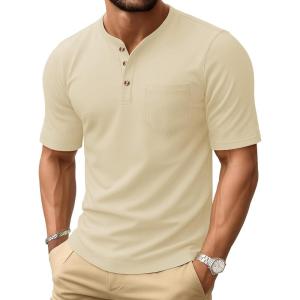 imageMAGCOMSEN Mens Henley Short Sleeve Shirt Cotton Lightweight Tee Shirts Casual Summer Basic Tees with PocketLight Apricot