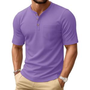 imageMAGCOMSEN Mens Henley Short Sleeve Shirt Cotton Lightweight Tee Shirts Casual Summer Basic Tees with PocketLight Purple