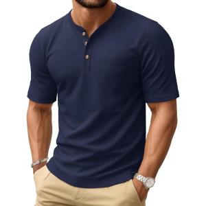 imageMAGCOMSEN Mens Henley Short Sleeve Shirt Cotton Lightweight Tee Shirts Casual Summer Basic Tees with PocketNevy Blue