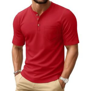 imageMAGCOMSEN Mens Henley Short Sleeve Shirt Cotton Lightweight Tee Shirts Casual Summer Basic Tees with PocketTomato Red