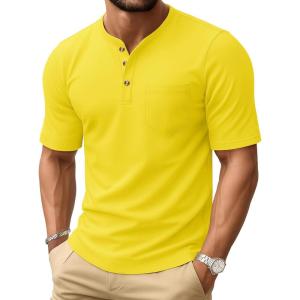 imageMAGCOMSEN Mens Henley Short Sleeve Shirt Cotton Lightweight Tee Shirts Casual Summer Basic Tees with PocketYellow