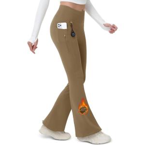 imageMAGCOMSEN Womens Fleece Lined Flare Leggings Waterproof Insulated Winter Pants Warm Snow Yoga Hiking Bootcut 3 PcoketsLight Brown
