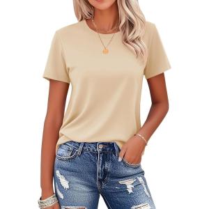 imageMAGCOMSEN Womens Cotton TShirts ShortSleeve Shirts CrewNeck Tops ClassicFit Breathable Casual Summer TeesLight Apricot