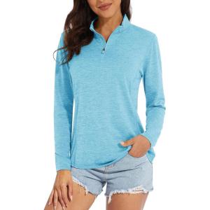 imageMAGCOMSEN Womens Long Sleeve Shirts 14 Zip Pullover UPF 50 Quick Dry Workout Tops Running Athletic Hiking ShirtsWater Blue