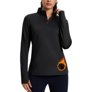 imageMAGCOMSEN Womens Quarter Zip Fleece Pullover Thermal Shirts with Zip Pocket Workout Running Tops Thumb HolesBlack
