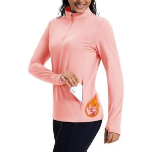 imageMAGCOMSEN Womens Quarter Zip Fleece Pullover Thermal Shirts with Zip Pocket Workout Running Tops Thumb HolesLightpink
