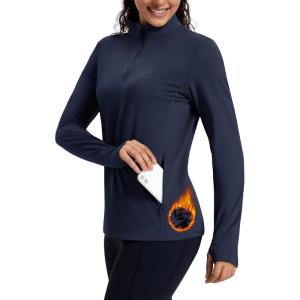 imageMAGCOMSEN Womens Quarter Zip Fleece Pullover Thermal Shirts with Zip Pocket Workout Running Tops Thumb HolesNavy