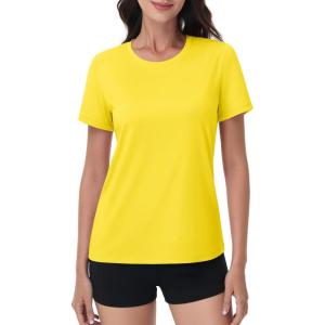 imageMAGCOMSEN Womens Short Sleeve TShirts UPF 50 Sun Protection Quick Dry Athletic Running Workout Rash Guard TopsBright Yellow