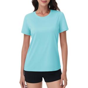 imageMAGCOMSEN Womens Short Sleeve TShirts UPF 50 Sun Protection Quick Dry Athletic Running Workout Rash Guard TopsLight Lake Blue
