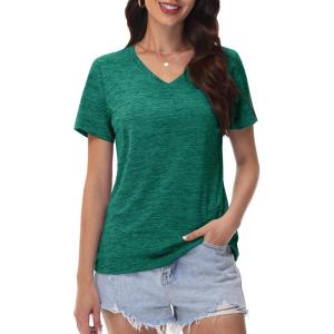 imageMAGCOMSEN Workout Tops for Women UPF 50 Quick Dry Short Sleeve Sun Protection VNeck Shirts Lightweight Hiking T ShirtsJade Green