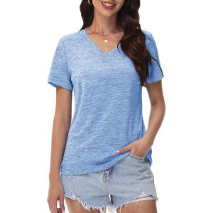 imageMAGCOMSEN Workout Tops for Women UPF 50 Quick Dry Short Sleeve Sun Protection VNeck Shirts Lightweight Hiking T ShirtsLight Blue