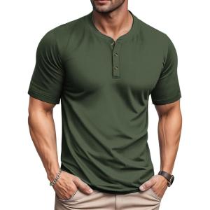 imageMAGCOMSEN Mens Henley Short Sleeve Shirt Moisture Wicking Lightweight Cotton TShirts Casual Summer Basic Tee ShirtArmy Green