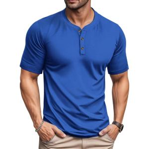 imageMAGCOMSEN Mens Henley Short Sleeve Shirt Moisture Wicking Lightweight Cotton TShirts Casual Summer Basic Tee ShirtBright Blue