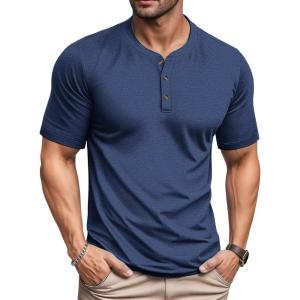imageMAGCOMSEN Mens Henley Short Sleeve Shirt Moisture Wicking Lightweight Cotton TShirts Casual Summer Basic Tee ShirtDark Blue Heather