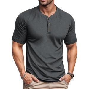 imageMAGCOMSEN Mens Henley Short Sleeve Shirt Moisture Wicking Lightweight Cotton TShirts Casual Summer Basic Tee ShirtDark Grey Heather