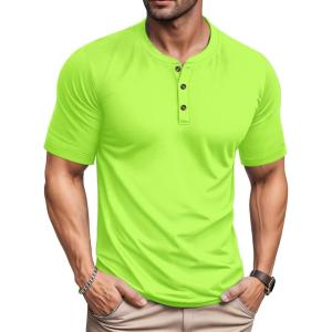 imageMAGCOMSEN Mens Henley Short Sleeve Shirt Moisture Wicking Lightweight Cotton TShirts Casual Summer Basic Tee ShirtFluorescent Green
