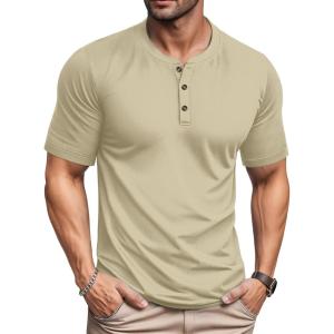 imageMAGCOMSEN Mens Henley Short Sleeve Shirt Moisture Wicking Lightweight Cotton TShirts Casual Summer Basic Tee ShirtKhaki