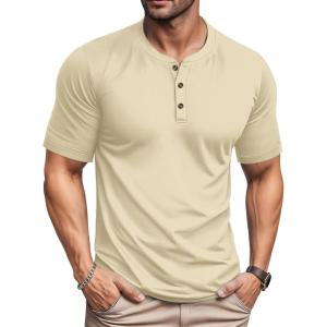 imageMAGCOMSEN Mens Henley Short Sleeve Shirt Moisture Wicking Lightweight Cotton TShirts Casual Summer Basic Tee ShirtLight Apricot