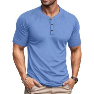 imageMAGCOMSEN Mens Henley Short Sleeve Shirt Moisture Wicking Lightweight Cotton TShirts Casual Summer Basic Tee ShirtLight Blue Heather
