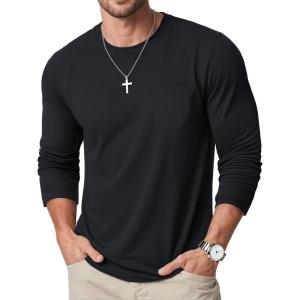 imageMAGCOMSEN Mens Long Sleeve Shirt with Pocket Cotton Crew Neck Shirts Casual Lightweight TShirt01black
