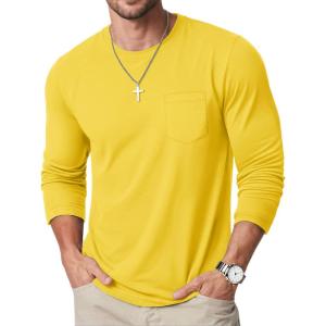 imageMAGCOMSEN Mens Long Sleeve Shirt with Pocket Cotton Crew Neck Shirts Casual Lightweight TShirt05yellow