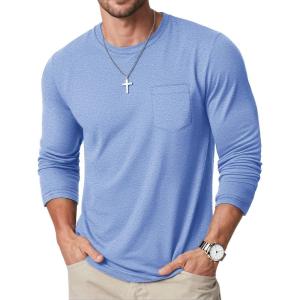 imageMAGCOMSEN Mens Long Sleeve Shirt with Pocket Cotton Crew Neck Shirts Casual Lightweight TShirt14light Blue
