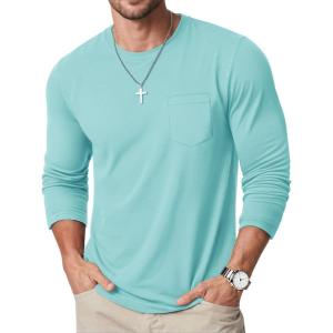 imageMAGCOMSEN Mens Long Sleeve Shirt with Pocket Cotton Crew Neck Shirts Casual Lightweight TShirt19lake Blue