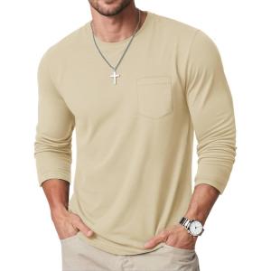 imageMAGCOMSEN Mens Long Sleeve Shirt with Pocket Cotton Crew Neck Shirts Casual Lightweight TShirt23apricot