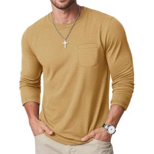 imageMAGCOMSEN Mens Long Sleeve Shirt with Pocket Cotton Crew Neck Shirts Casual Lightweight TShirt24earthy Yellow