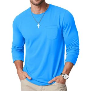 imageMAGCOMSEN Mens Long Sleeve Shirt with Pocket Cotton Crew Neck Shirts Casual Lightweight TShirt25azure