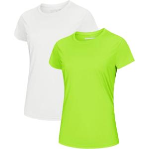imageMAGCOMSEN 2 Pack Womens Short Sleeve TShirts UPF 50 Workout Running Quick Dry Athletic Rash Guard Swim TopWhiteFluorescent Green