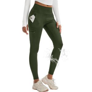 imageMAGCOMSEN Hiking Leggings Women with 4 Zipper Pockets Water Resistant High Rise Cargo Leggings Outdoor Athletic PantsArmy Green